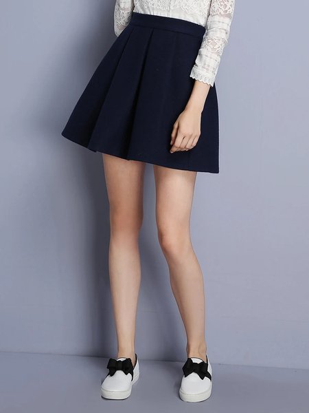 Navy Blue Folds Casual A-line Mini Skirt - StyleWe.com
